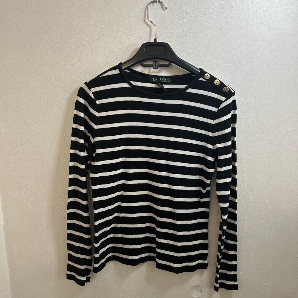 Lauren Ralph Lauren Womens Top Striped Button Detail Cotton Knit Navy White Sz M